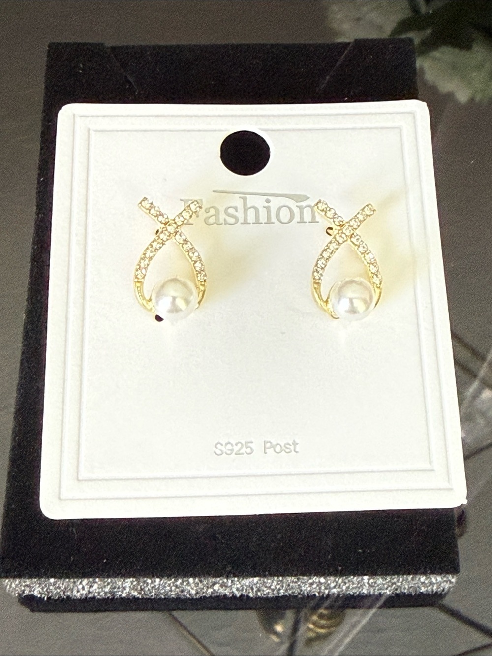 Gold Pearl & Crystal X-Loop Stud Earrings by